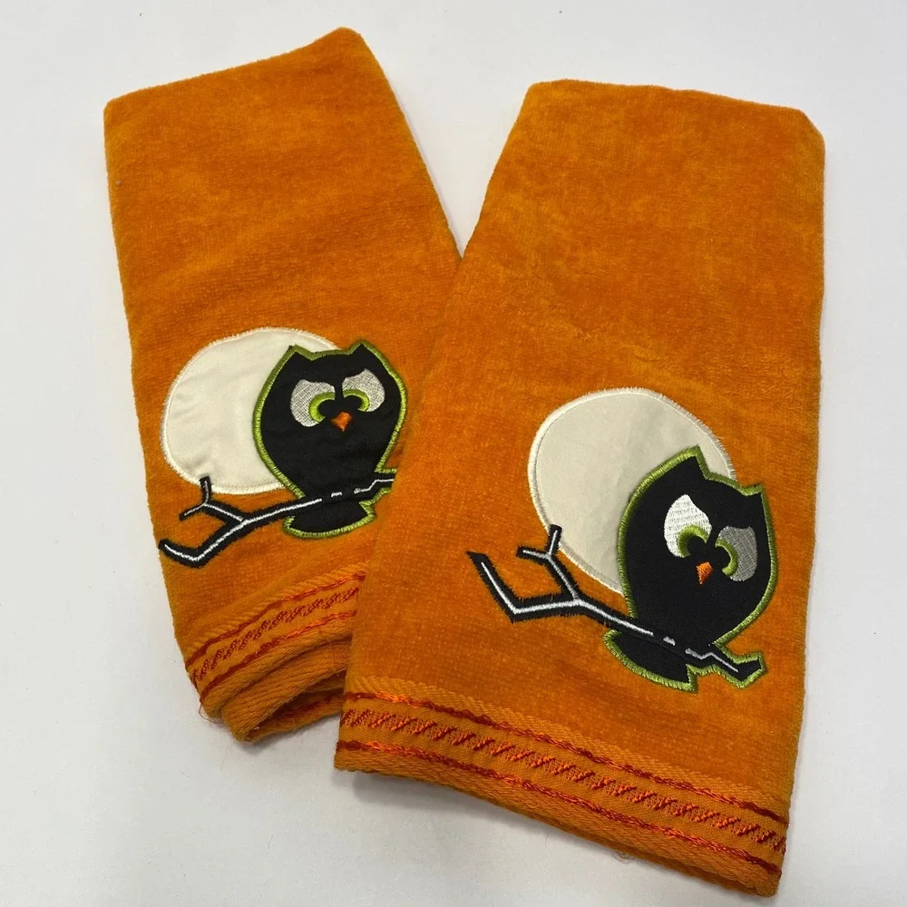 Two Hand Towels Orange Excellent Embroidered Owl Moon Halloween